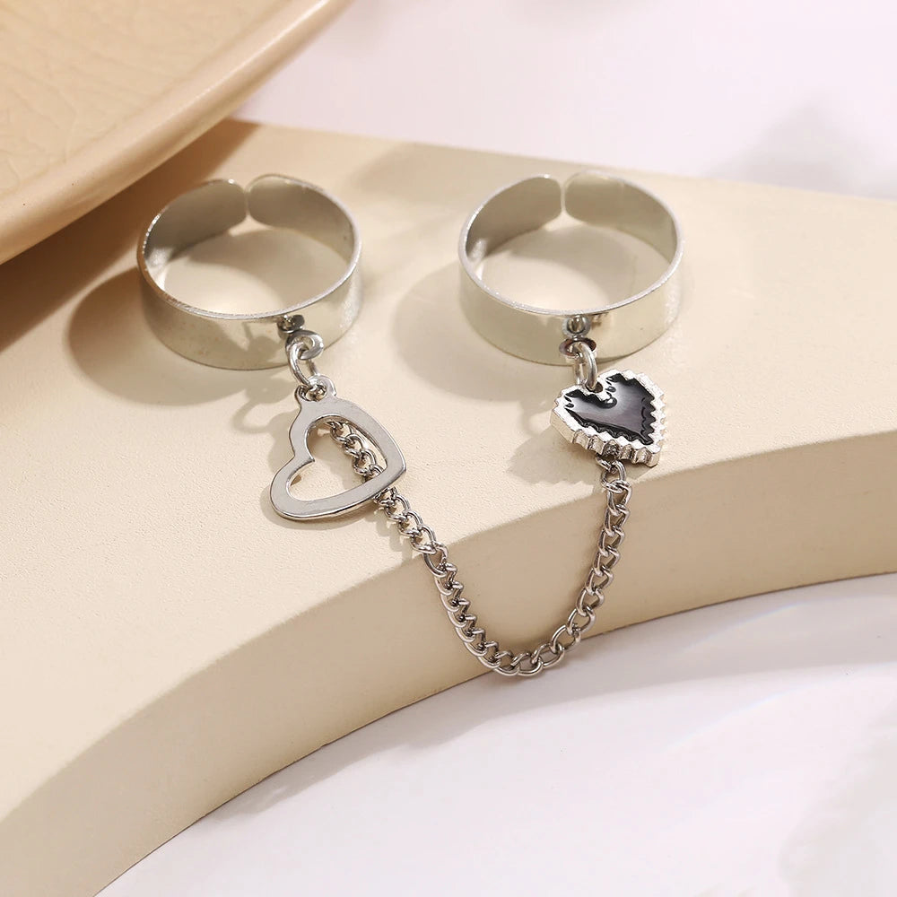Dual Hollow Heart Ring, Double Finger Love Heart Open Mitten Ring For Women, Geometric Hollow Love Heart Alloy Joint Ring Dual Hollow Heart Ring, Double Finger Love Heart Open Mitten Ring For Women, Geometric Hollow Love Heart Alloy Joint Ring